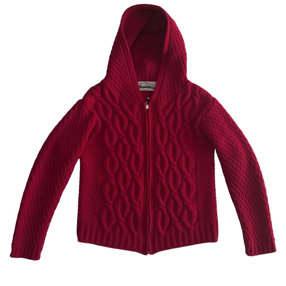 Aran Crafts Ireland Red Merino Wool Chunky Cable Knit Full Zip Hooded Sweater M